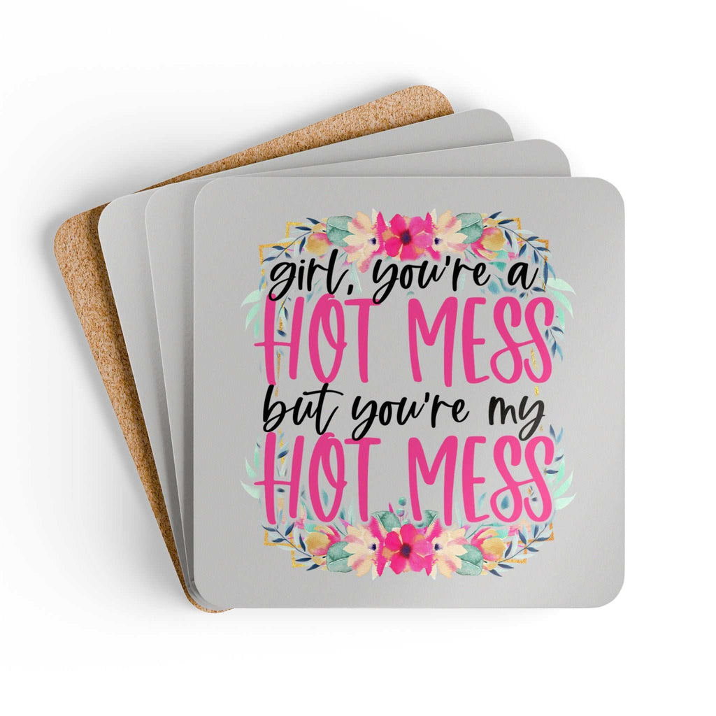 Hot Mess Coaster Set with playful design, high-gloss MDF top, and cork back.