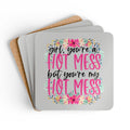 Hot Mess Coaster Set with high-gloss MDF top and cork back, 4-piece water-repellent, non-slip coasters with rounded corners