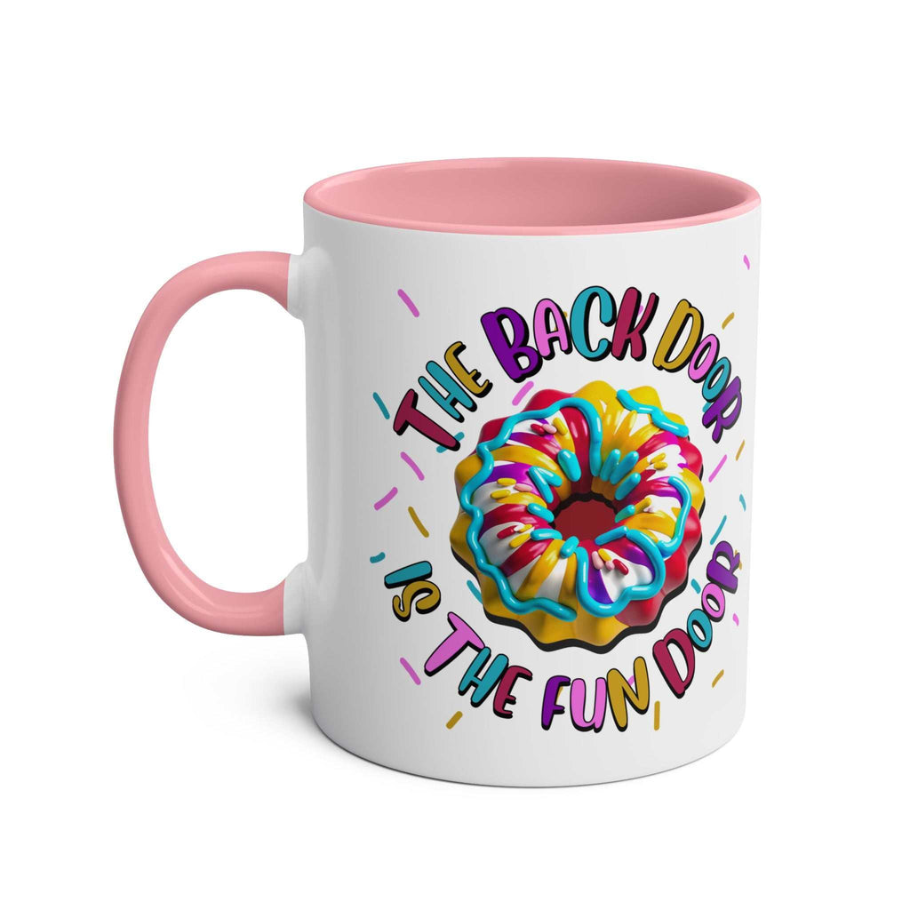 The Back Door is the Fun Door Mug with cheeky text, vibrant colors, and glossy finish, perfect for gifting or personal use