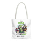 Fun cactus tote bag with cheeky design, multiple sizes, and colorful handles made of durable spun polyester