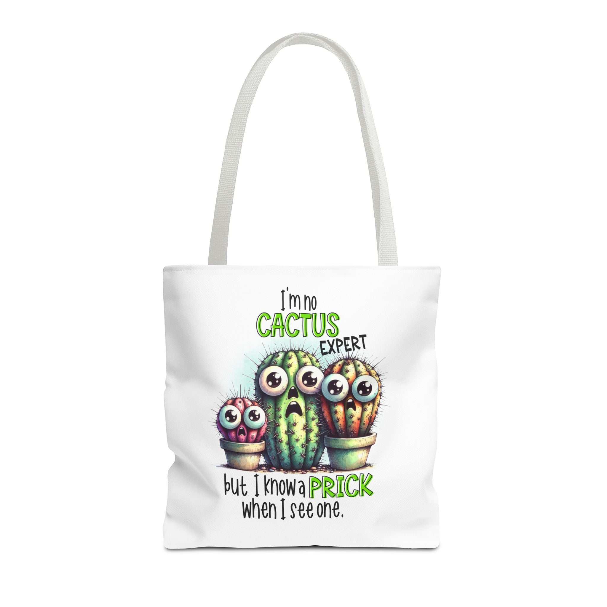 Fun cactus tote bag with cheeky design, multiple sizes, and colorful handles made of durable spun polyester