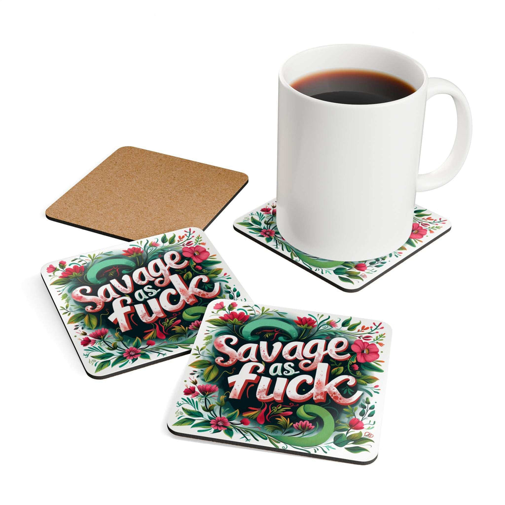 Savage as Fuck coaster set with high-gloss MDF top and cork back, featuring playful design.