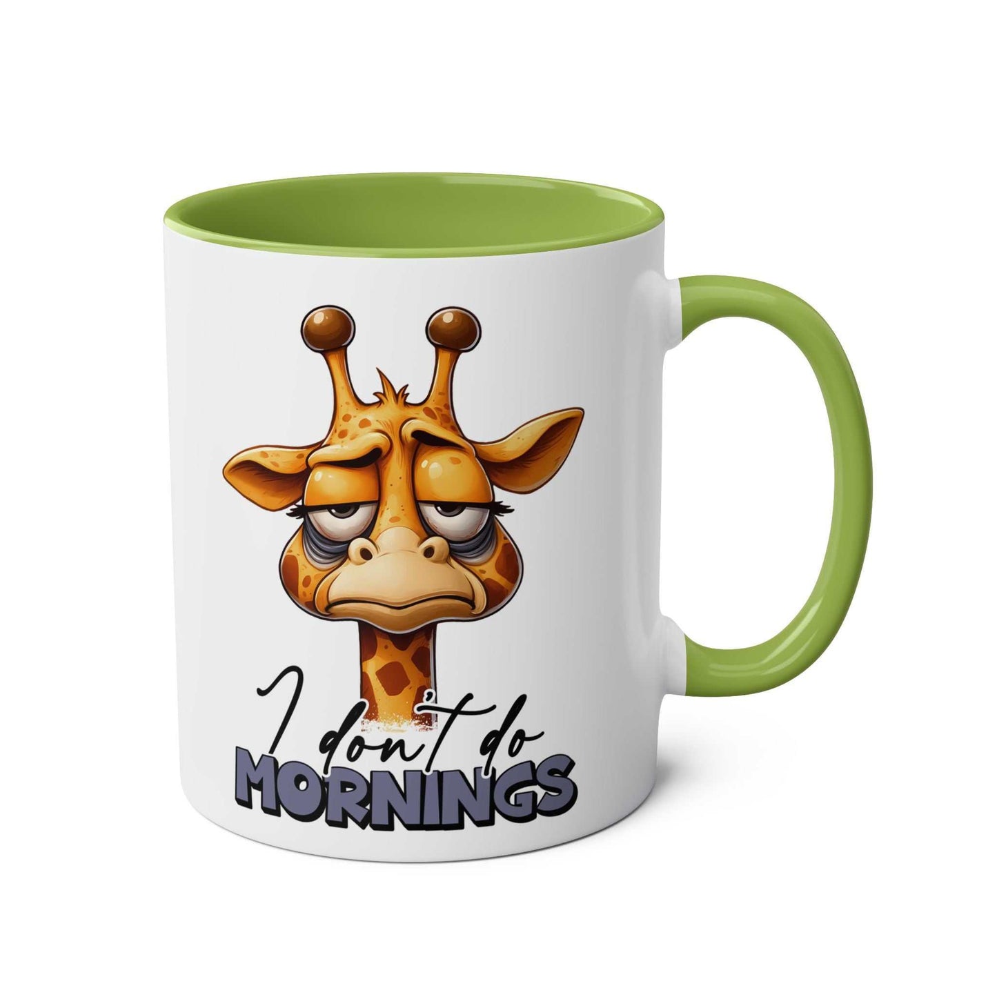 Dont Do Mornings Coffee Mug with playful giraffe design, green handle, glossy finish, 11oz ceramic, microwave and dishwasher safe.