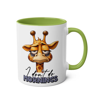 Dont Do Mornings Coffee Mug with playful giraffe design, green handle, glossy finish, 11oz ceramic, microwave and dishwasher safe.