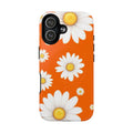 iPhone case with orange daisy design and MagSafe compatibility, dual-layer protection, glossy or matte finish