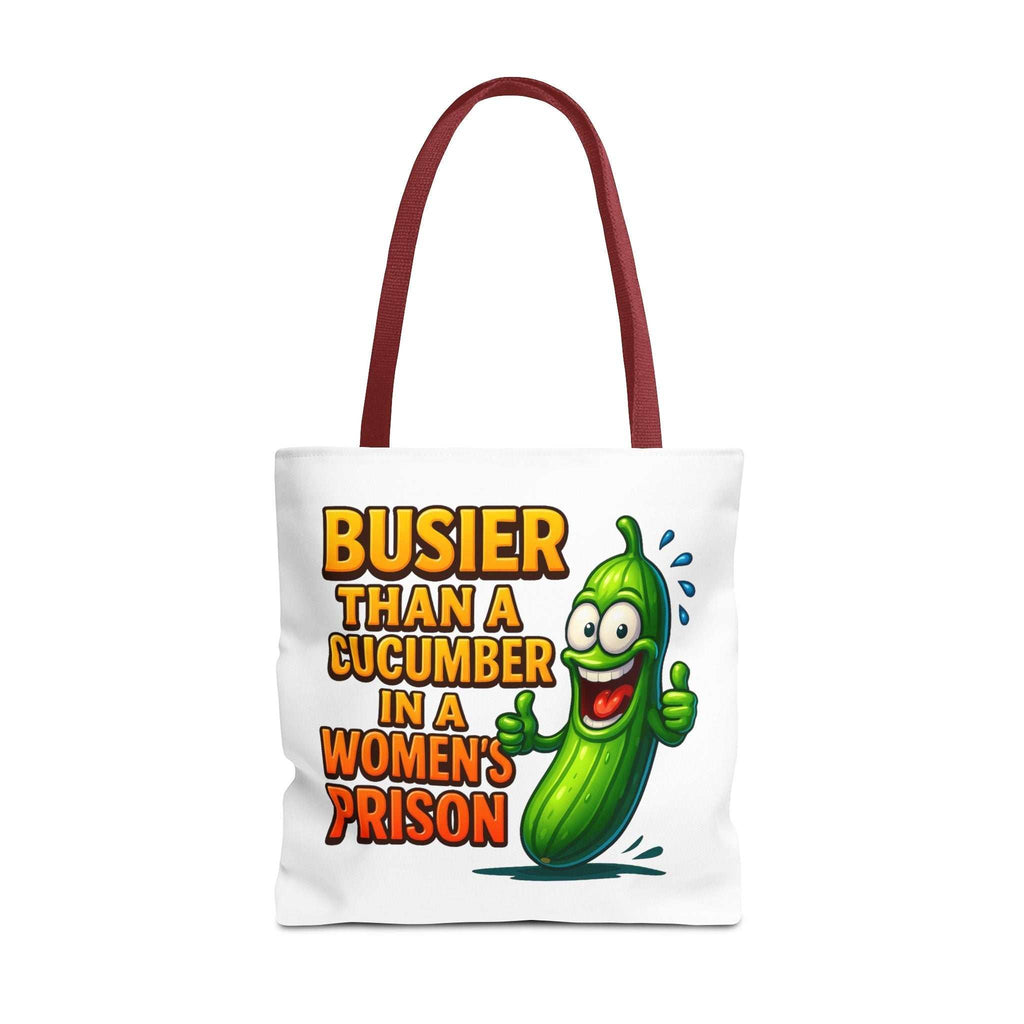 Busier Than a Cucumber Tote Bag with cheeky design, three sizes, and colorful handles, durable and reusable for daily use