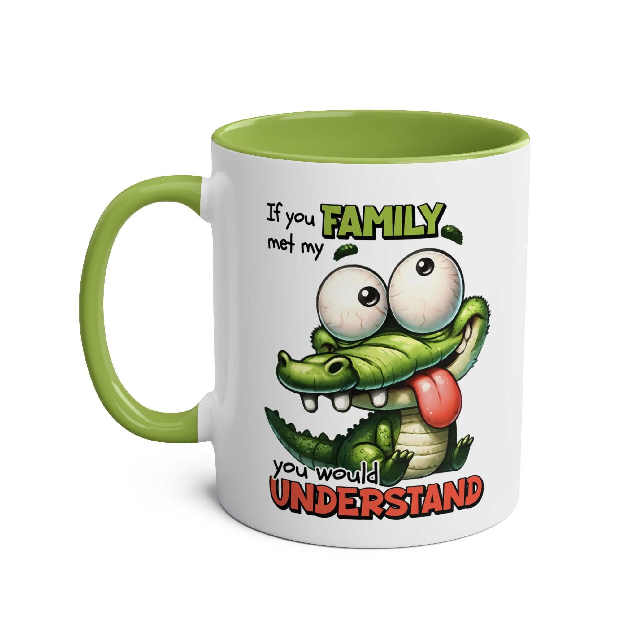 Family Coffee Mug featuring a playful crocodile design with a humorous quote, available in 7 colors and an 11oz ceramic glossy finish.