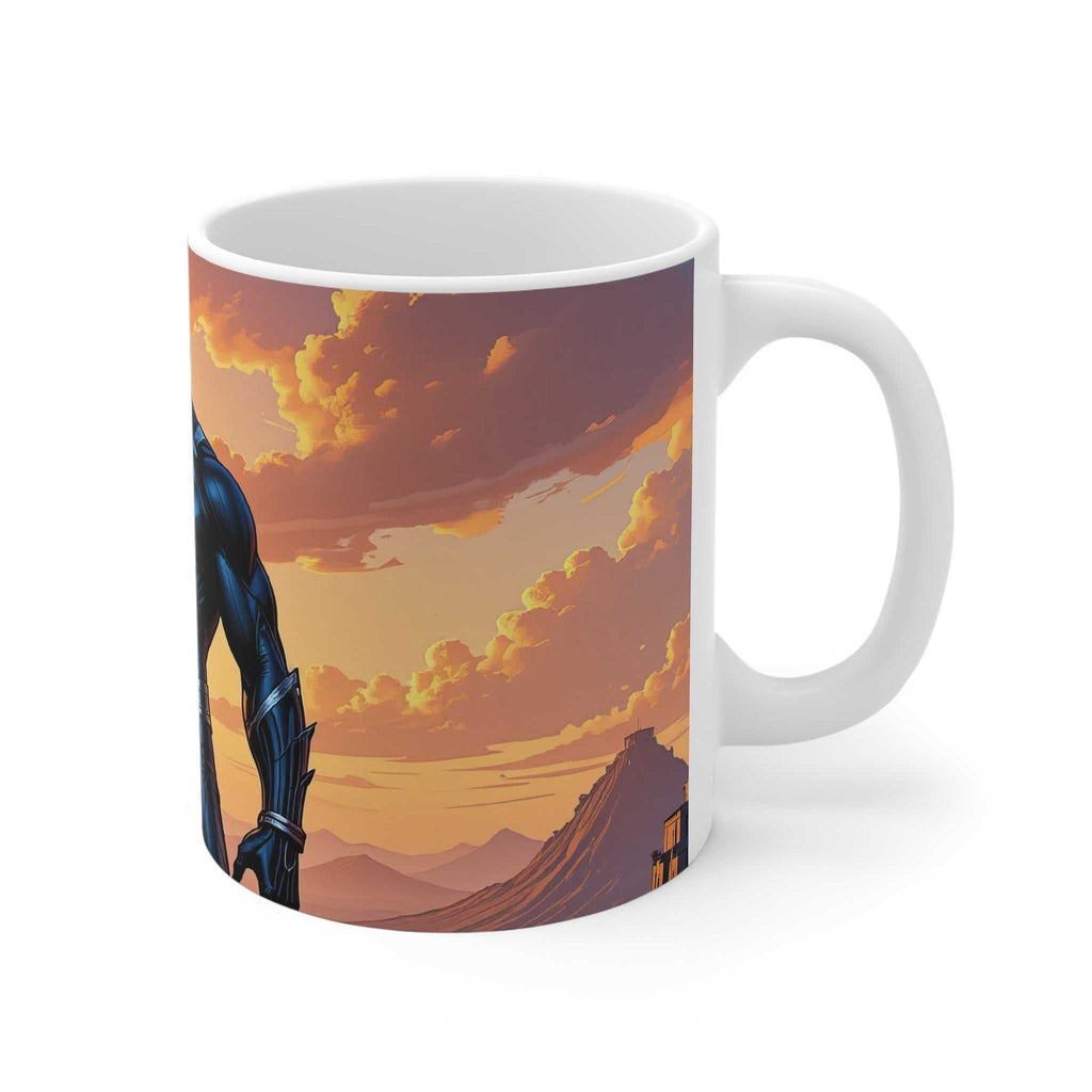 White ceramic mug featuring a vibrant Black Panther superhero design with a sunset background, 11oz, microwave and dishwasher safe