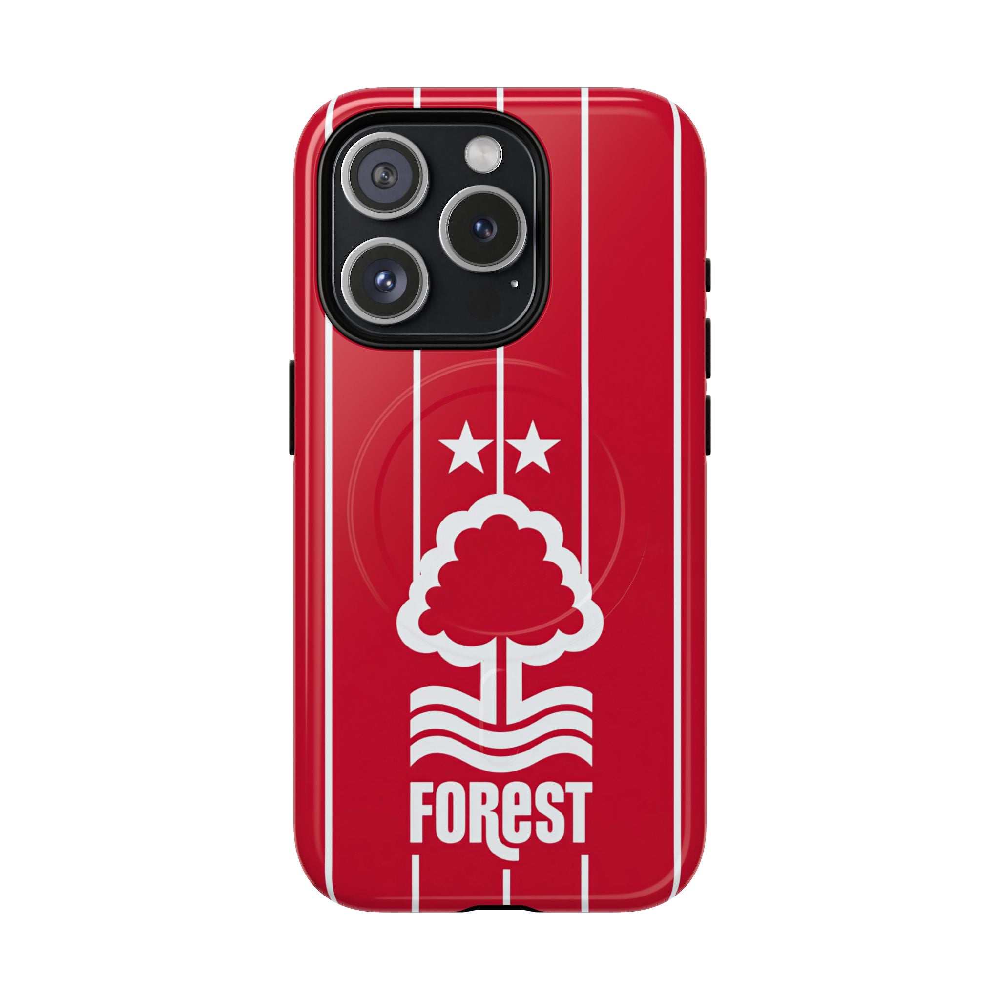 Nottingham Forest MagSafe iPhone case with red colors, club crest, dual-layer protection, and MagSafe compatibility