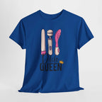 Black Dildo Queen T-Shirt with bold text and vibrant print, made of 100% cotton