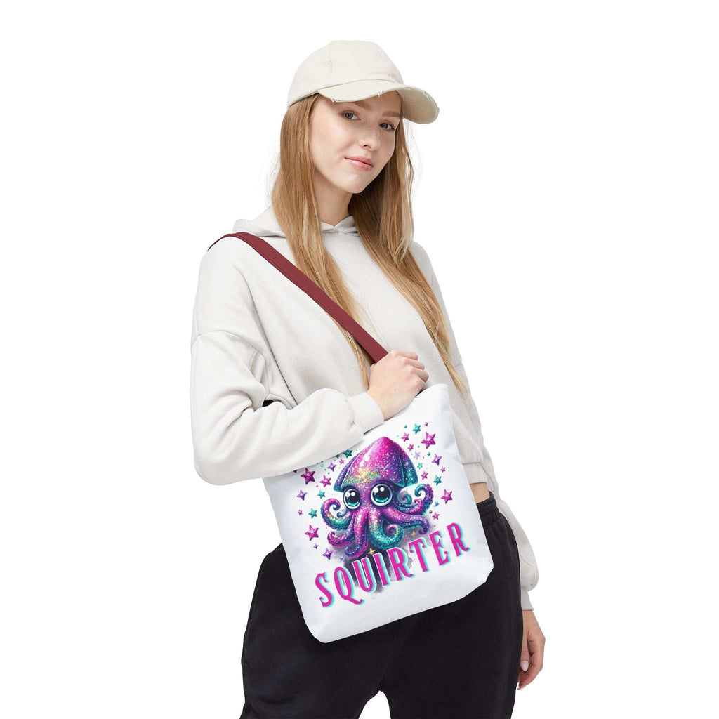 Squirter Squid Tote Bag with cheeky squid print, durable spun polyester, multiple sizes and handle colors, lightweight and reusable tote for errands and outings