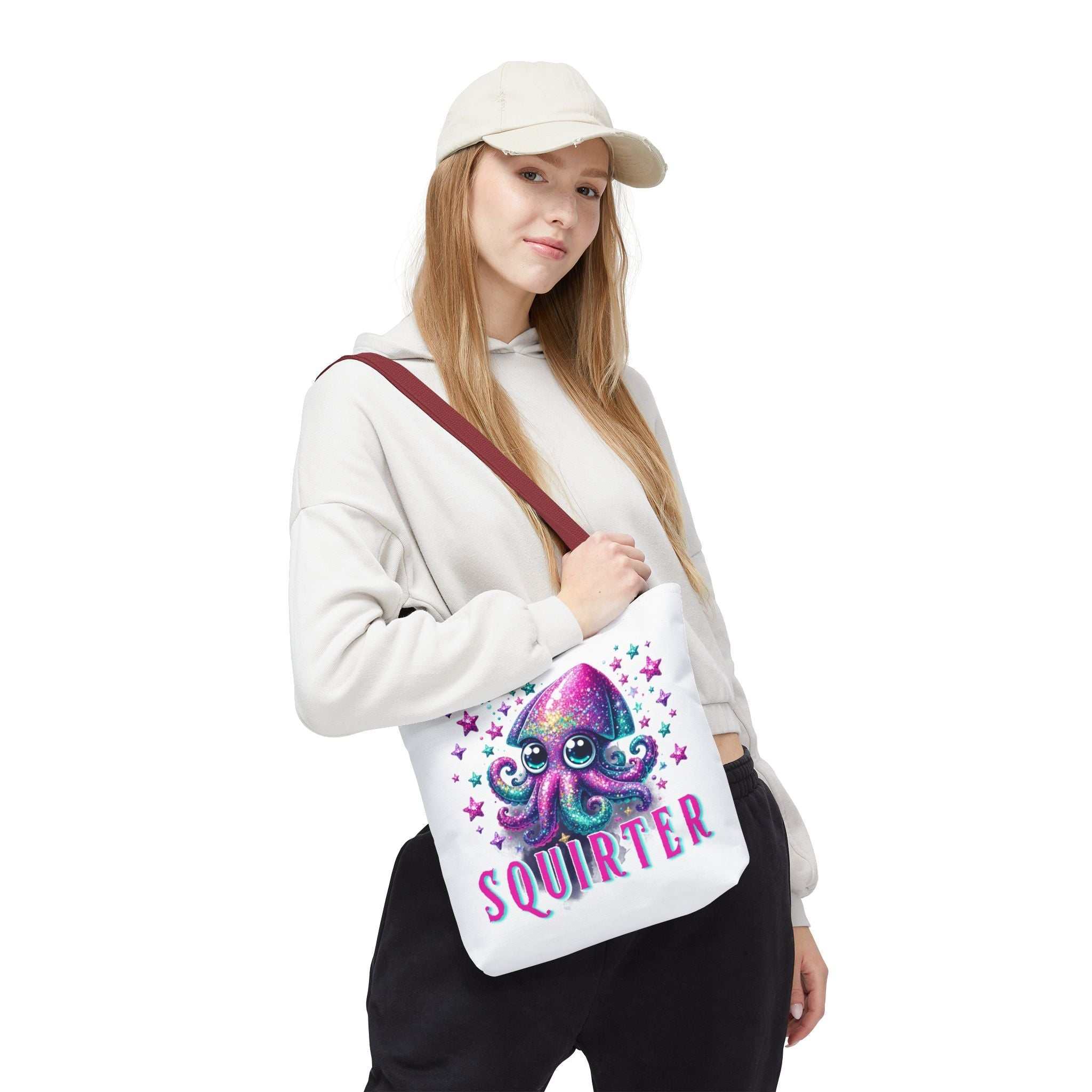 Squirter Squid Tote Bag with cheeky squid print, durable spun polyester, multiple sizes and handle colors, lightweight and reusable tote for errands and outings