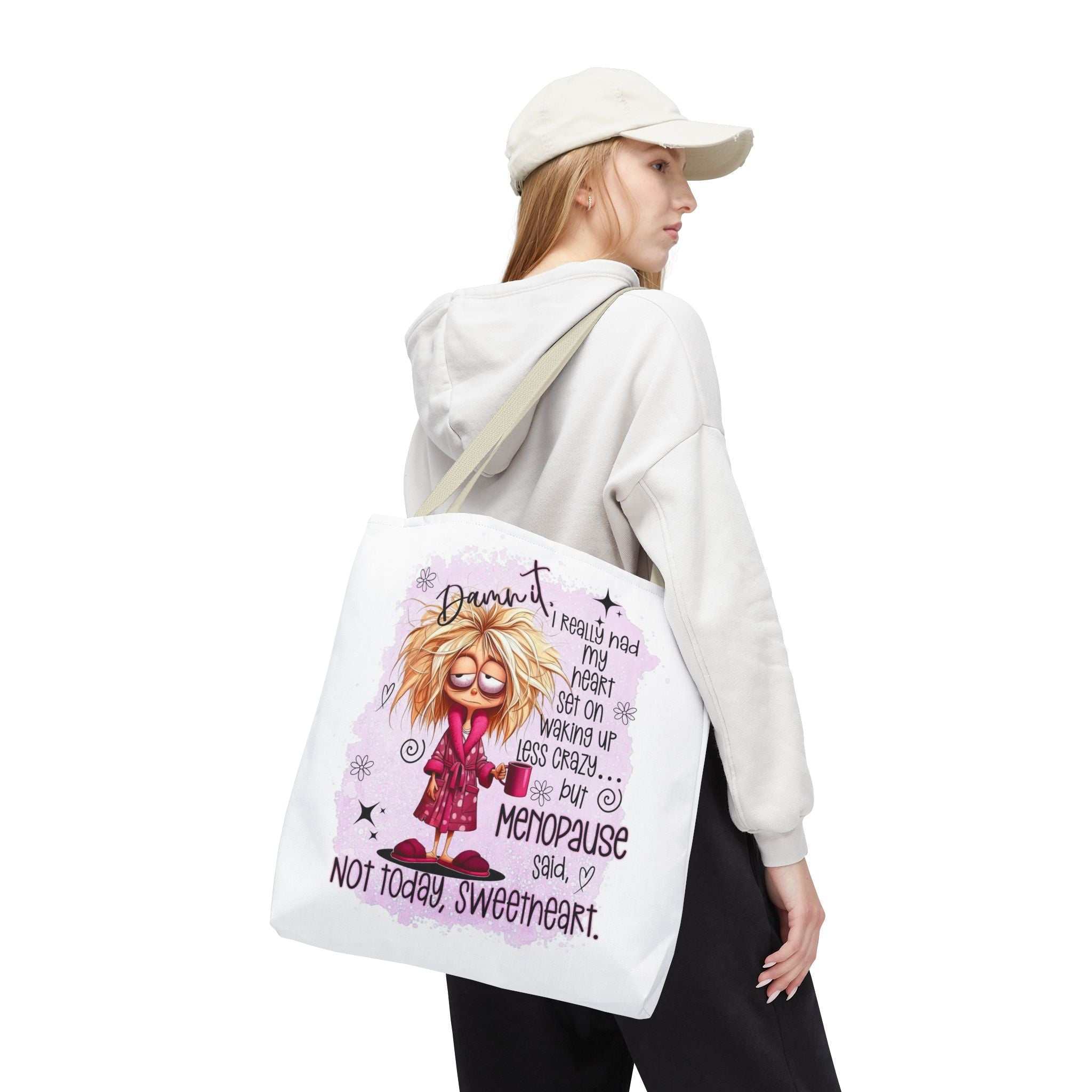 Cheeky menopause humour tote bag with durable spun polyester and multiple handle color options for everyday fun and functionality