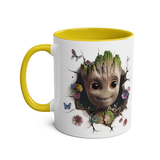 Baby Groot inspired coffee mug in vibrant colors, 11oz ceramic, glossy finish, microwave and dishwasher safe.
