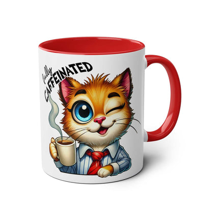 Fun Sarcastic Coffee Mug with winking cat design, "Fully Caffeinated" text, glossy finish, red interior, perfect for coffee lovers.