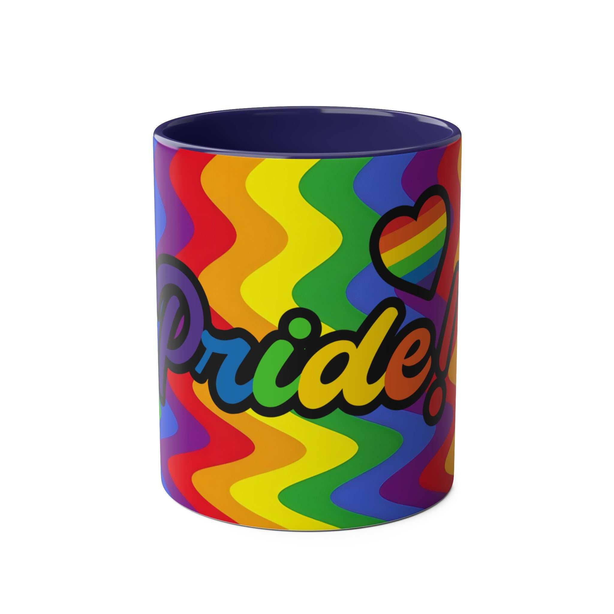 LGBTQ+ Pride mug with vibrant rainbow design and "Pride" text, 11oz ceramic, glossy finish.