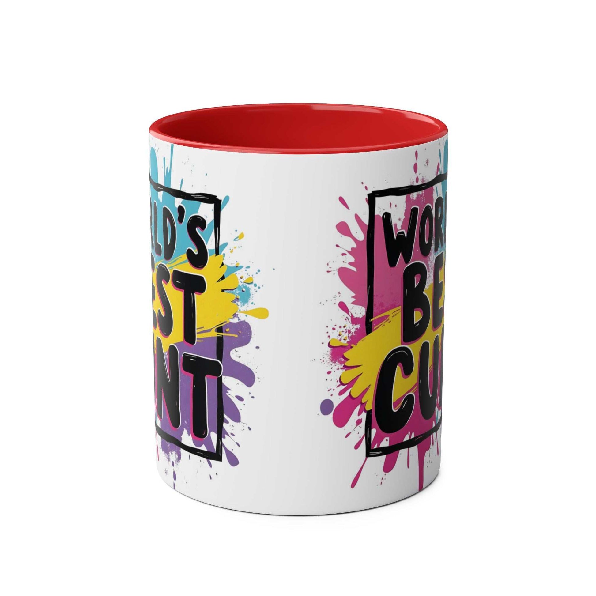 Cheeky rude ceramic two tone mug with colorful cheeky design and red interior.