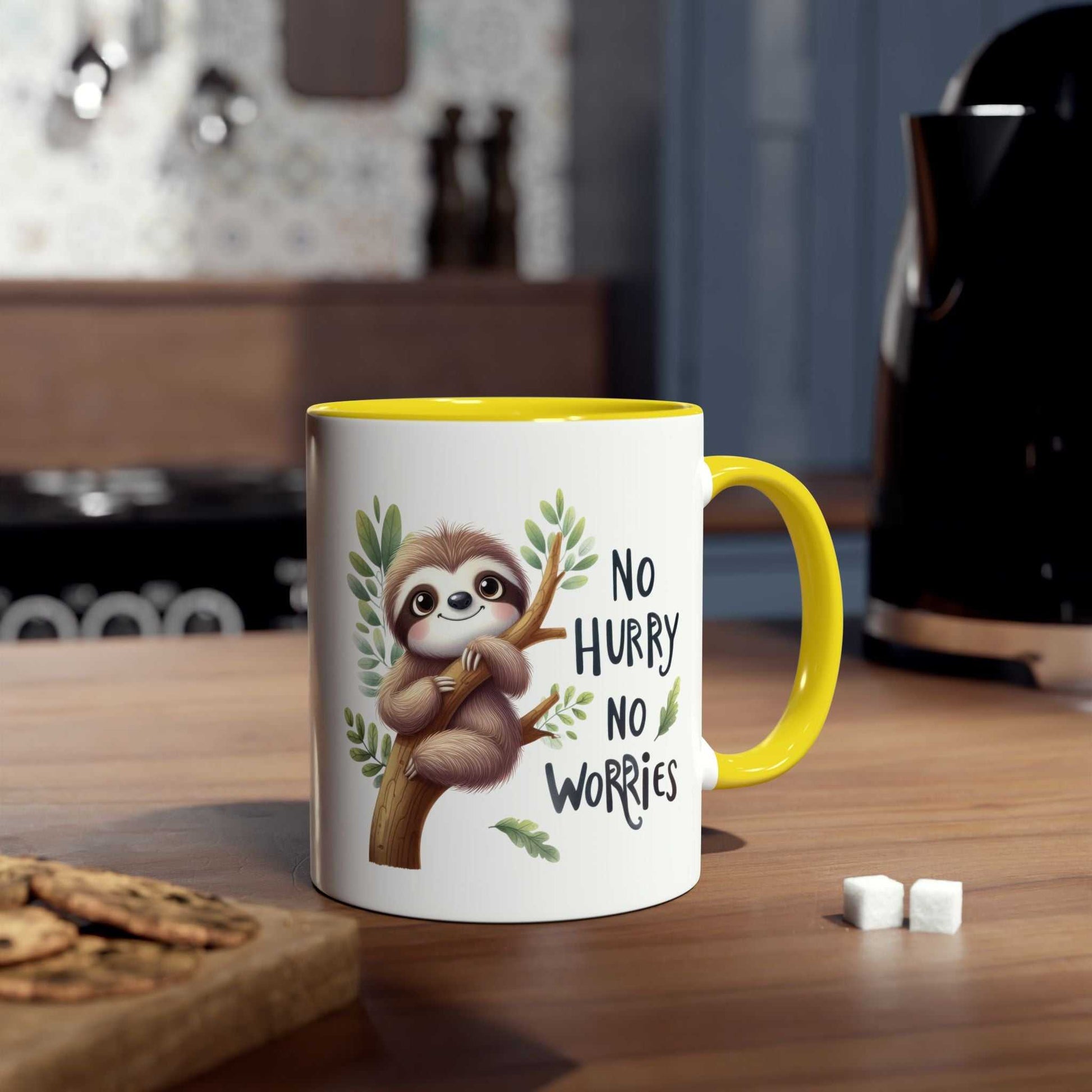 Cute sloth coffee mug with "No hurry, no worries" text and whimsical design, perfect for gifting.