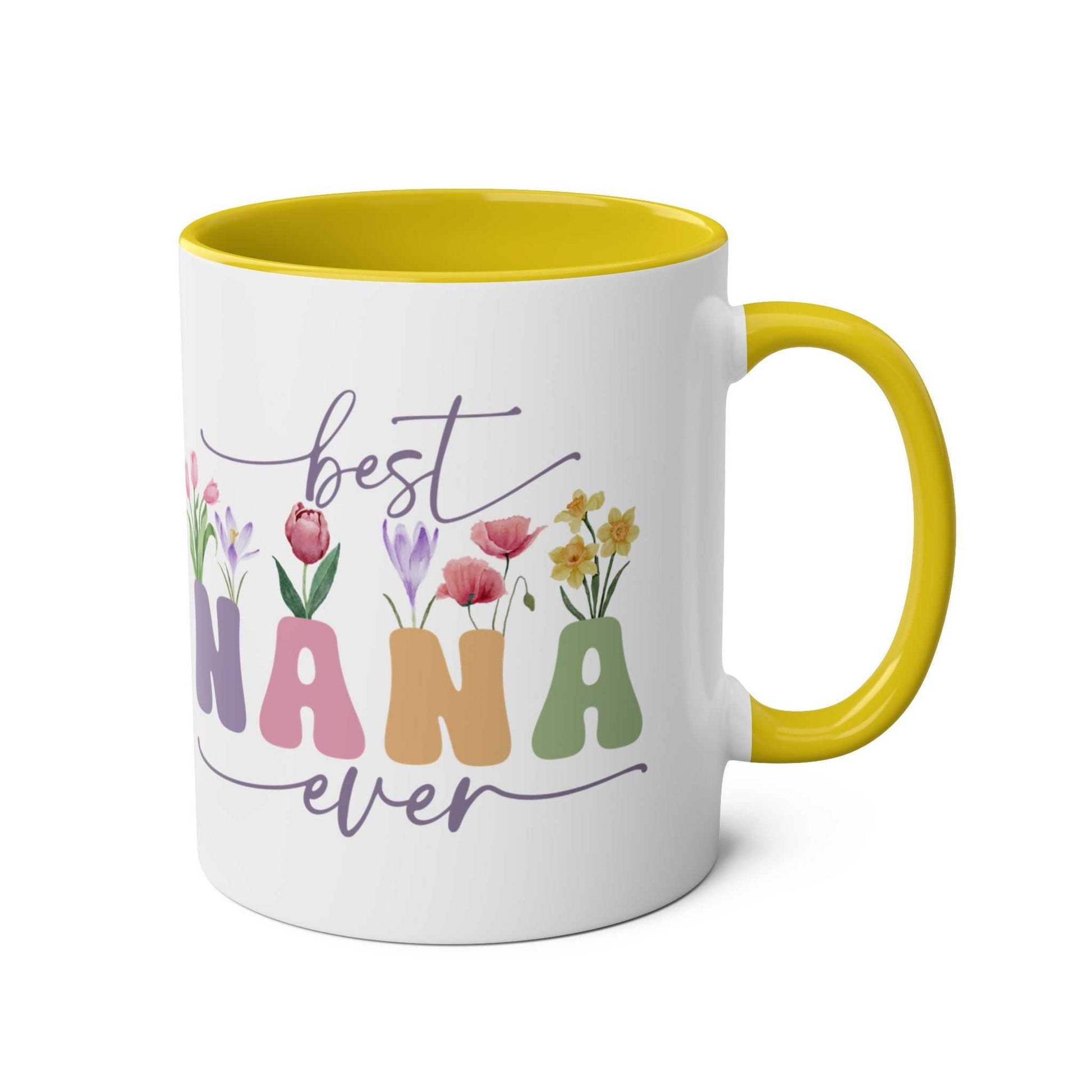 Best Nana Ever mug with colorful floral design and yellow handle for Mother's Day gift.