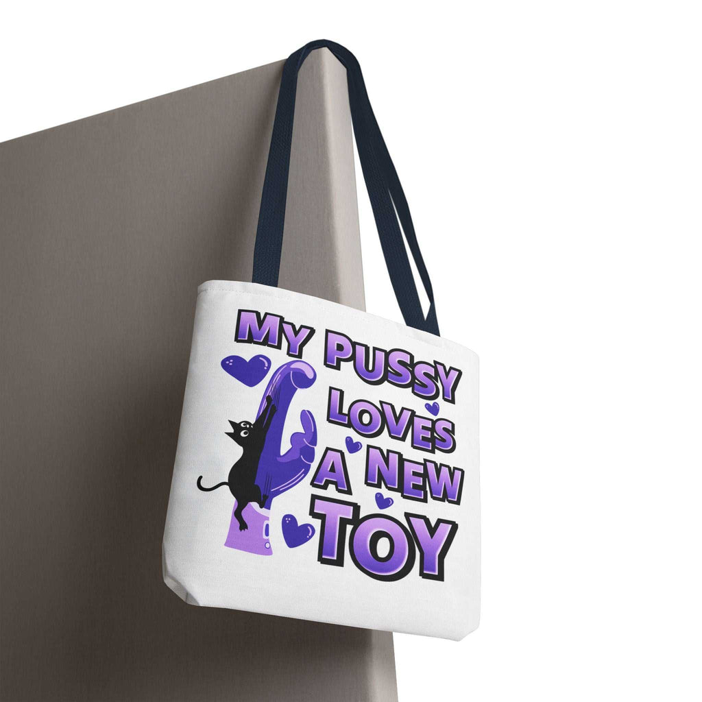 Cheeky fun cat toy tote bag with colorful handles and durable spun polyester fabric for everyday use