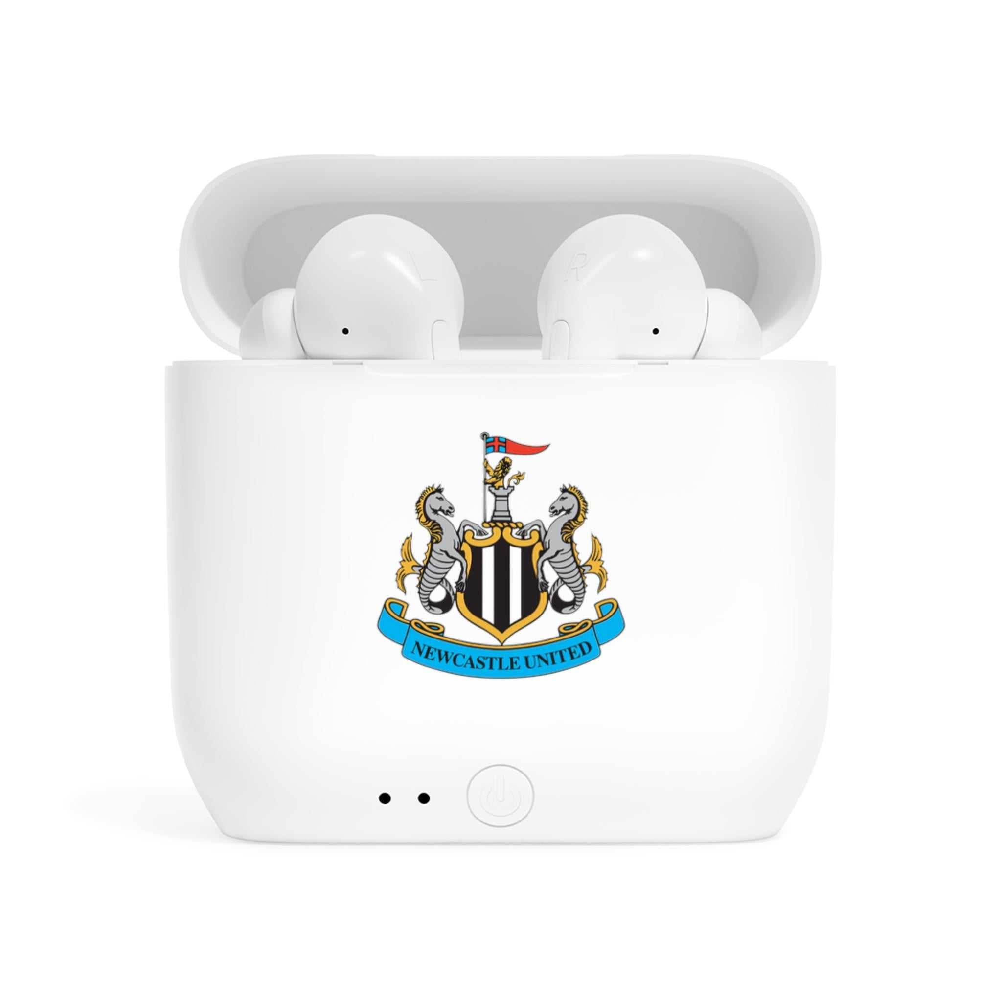Newcastle Utd wireless earbuds with charging case and fan-inspired club crest design