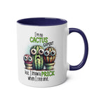 Fun cactus expert coffee mug with cheeky slogan and glossy finish in two-tone ceramic design