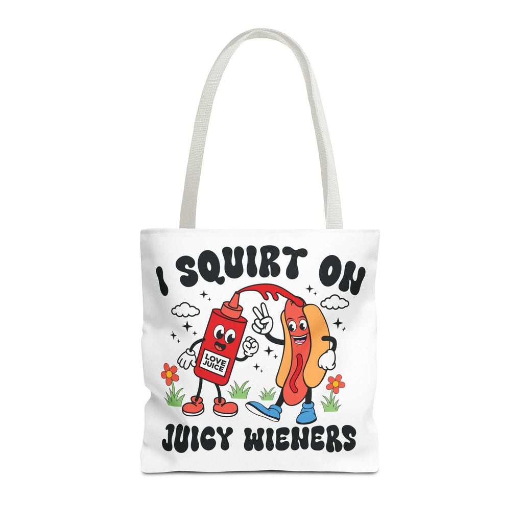 Cheeky Juicy Wieners Fun Tote Bag with hot dog print and colorful handles