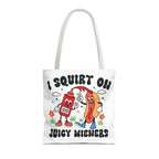 Cheeky Juicy Wieners Fun Tote Bag with hot dog print and colorful handles