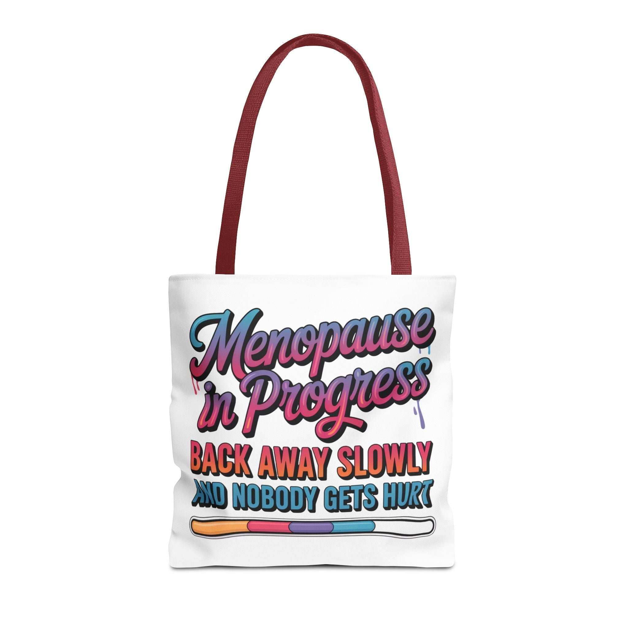 Menopause in Progress tote bag with cheeky design, durable spun polyester, multiple sizes and handle color options