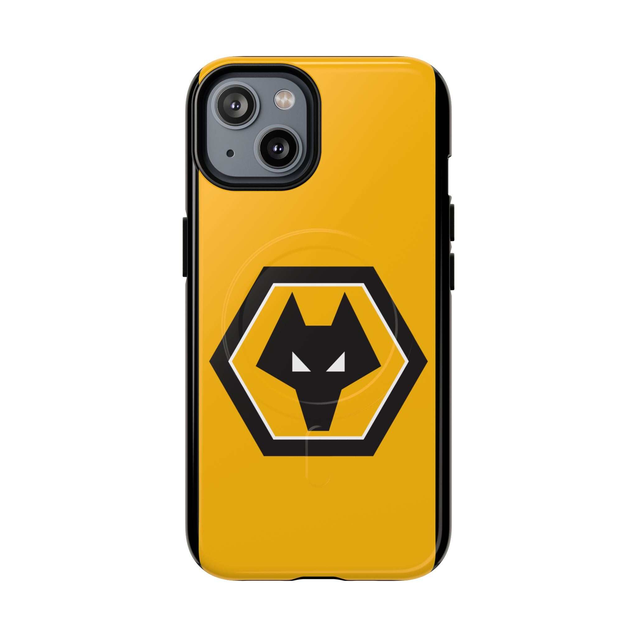 Wolves FC MagSafe iPhone Case with gold and black wolf logo, dual-layer protection and wireless charging compatible