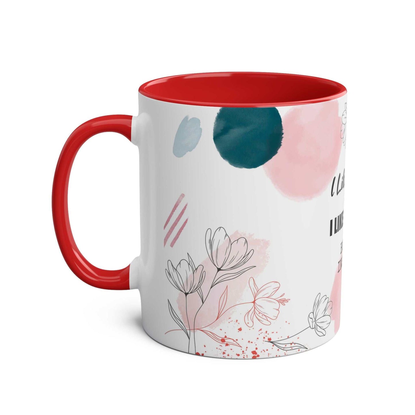 Cheeky Fun Valentines Mug with colorful floral design and red interior and handle.