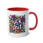 Rude colorful coffee mug with "Fuck This Shit" design and red handle.