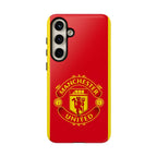 Manchester United Magnetic Samsung Case with Red Devils crest, dual-layer protection, and wireless charging compatibility