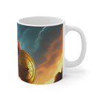 White ceramic Wonder Woman coffee mug with colorful superhero shield design and stormy sky background