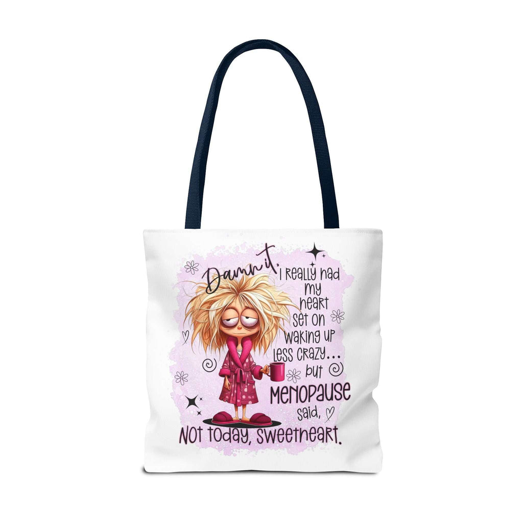 Cheeky menopause humour tote bag with durable spun polyester and colorful handles for everyday use