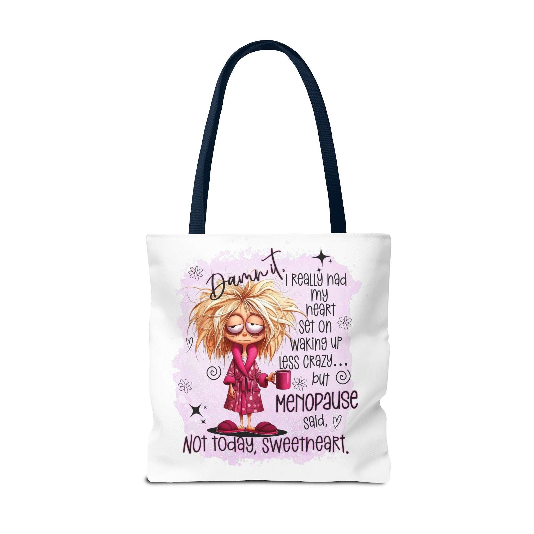 Cheeky menopause humour tote bag with durable spun polyester and colorful handles for everyday use