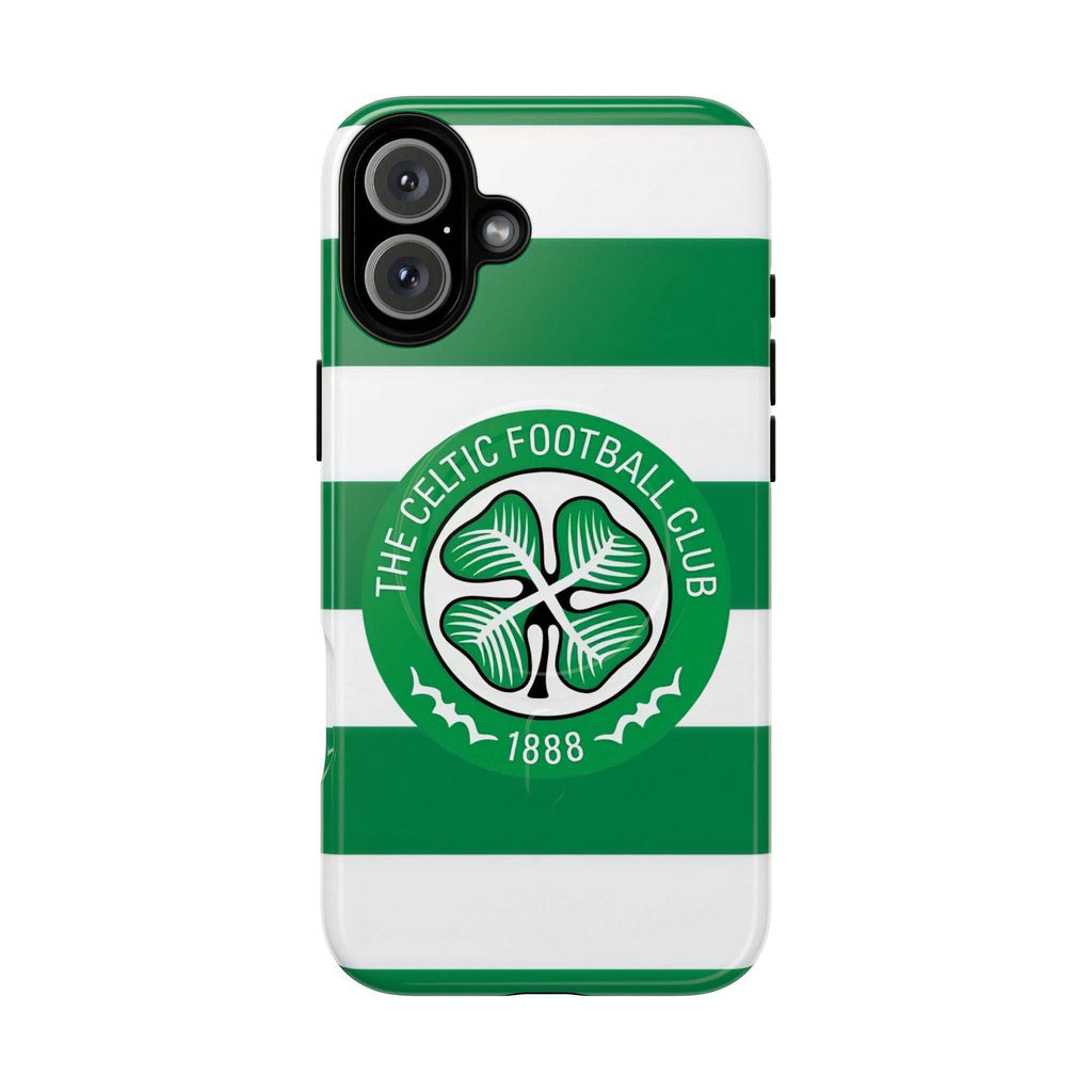 Celtic MagSafe iPhone case with green and white stripes and club crest, dual-layer protective design, compatible with MagSafe charging