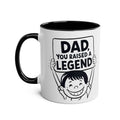 Dad You Raised A Legend coffee mug with retro cartoon kid holding sign, colorful ceramic gift for dad