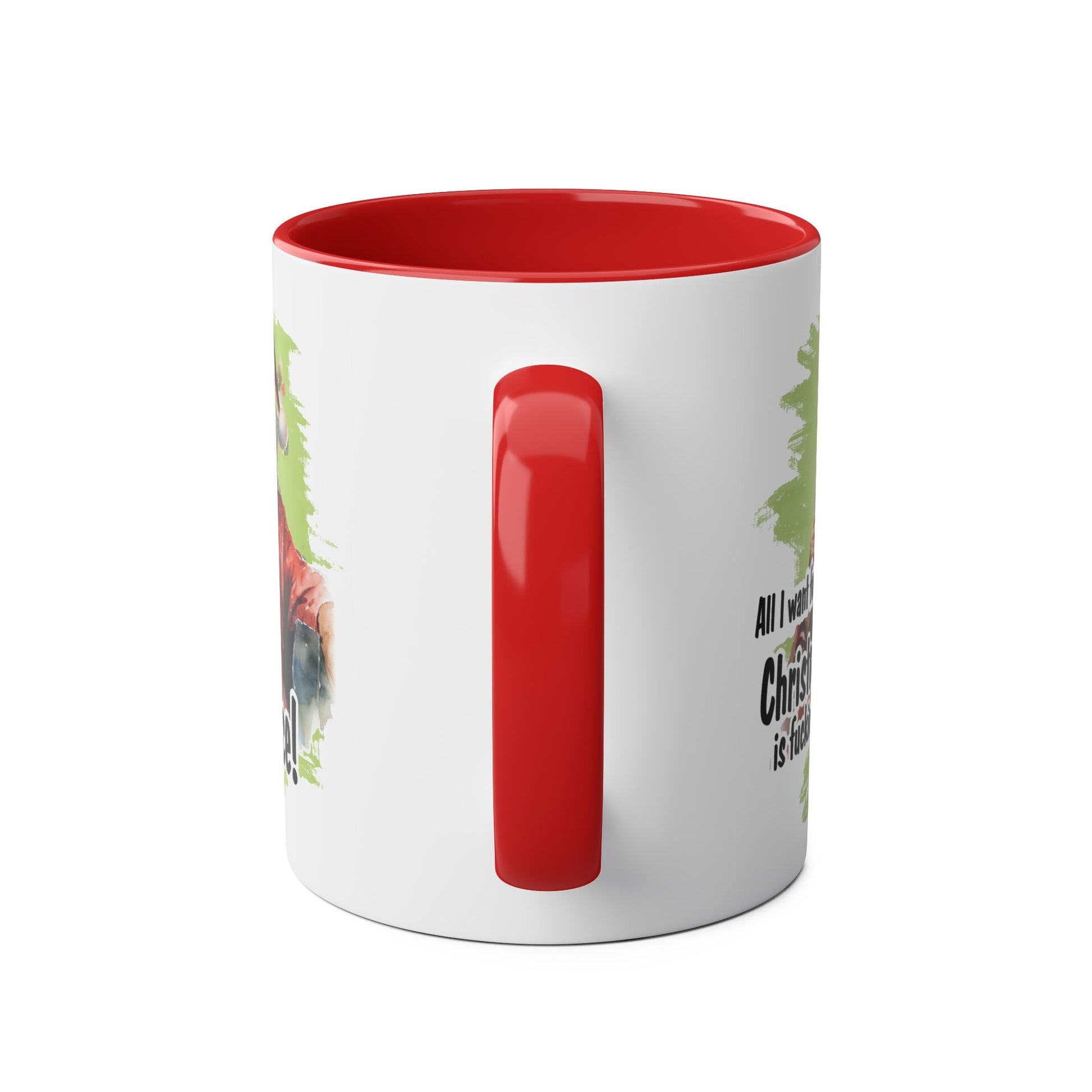 Sweary Granny Christmas Mug with red handle, festive design, 11oz ceramic, glossy finish.