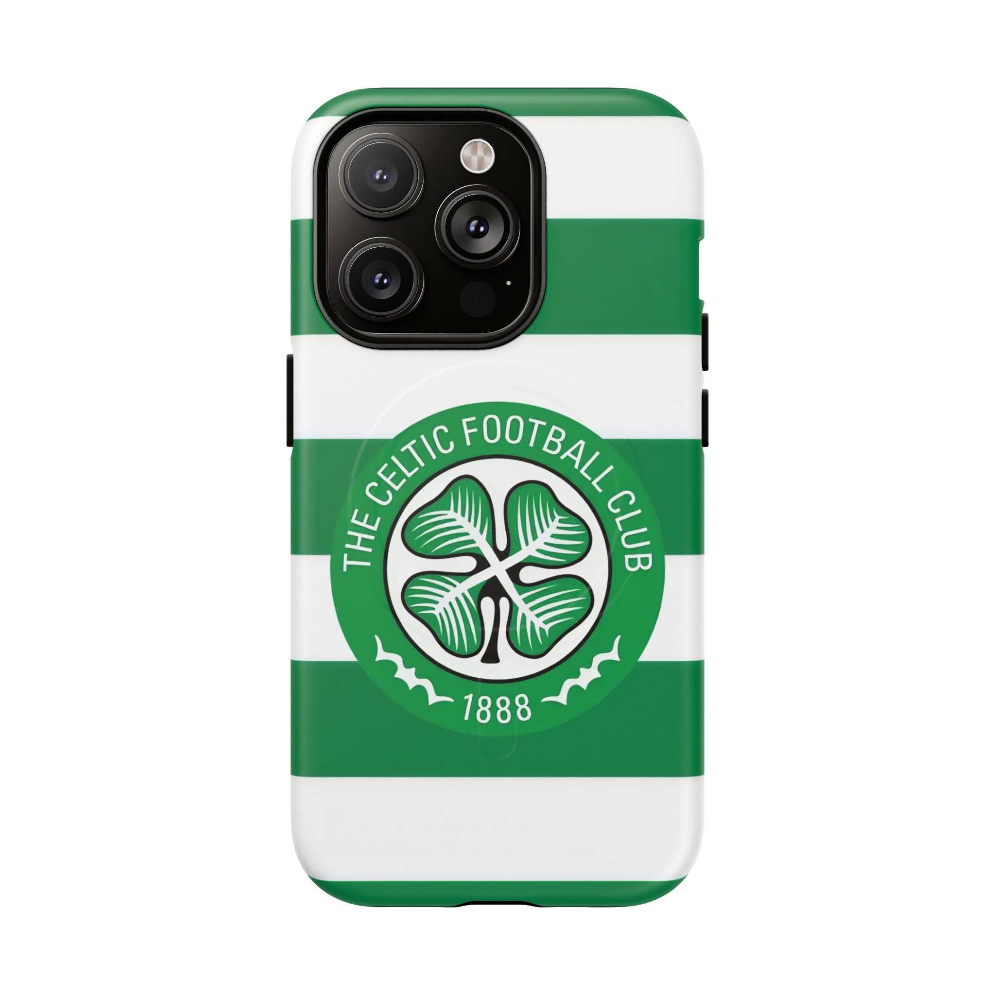 Celtic MagSafe iPhone Case with green and white stripes and Celtic Football Club crest, slim dual-layer protective design with wireless charging compatibility