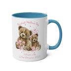 Personalised Our First Mother's Day mug with teddy bear, baby’s name, and birth date design on glossy ceramic cup