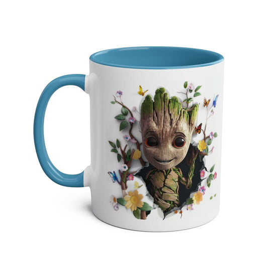 Baby Groot themed mug with charming design flowers and butterflies.