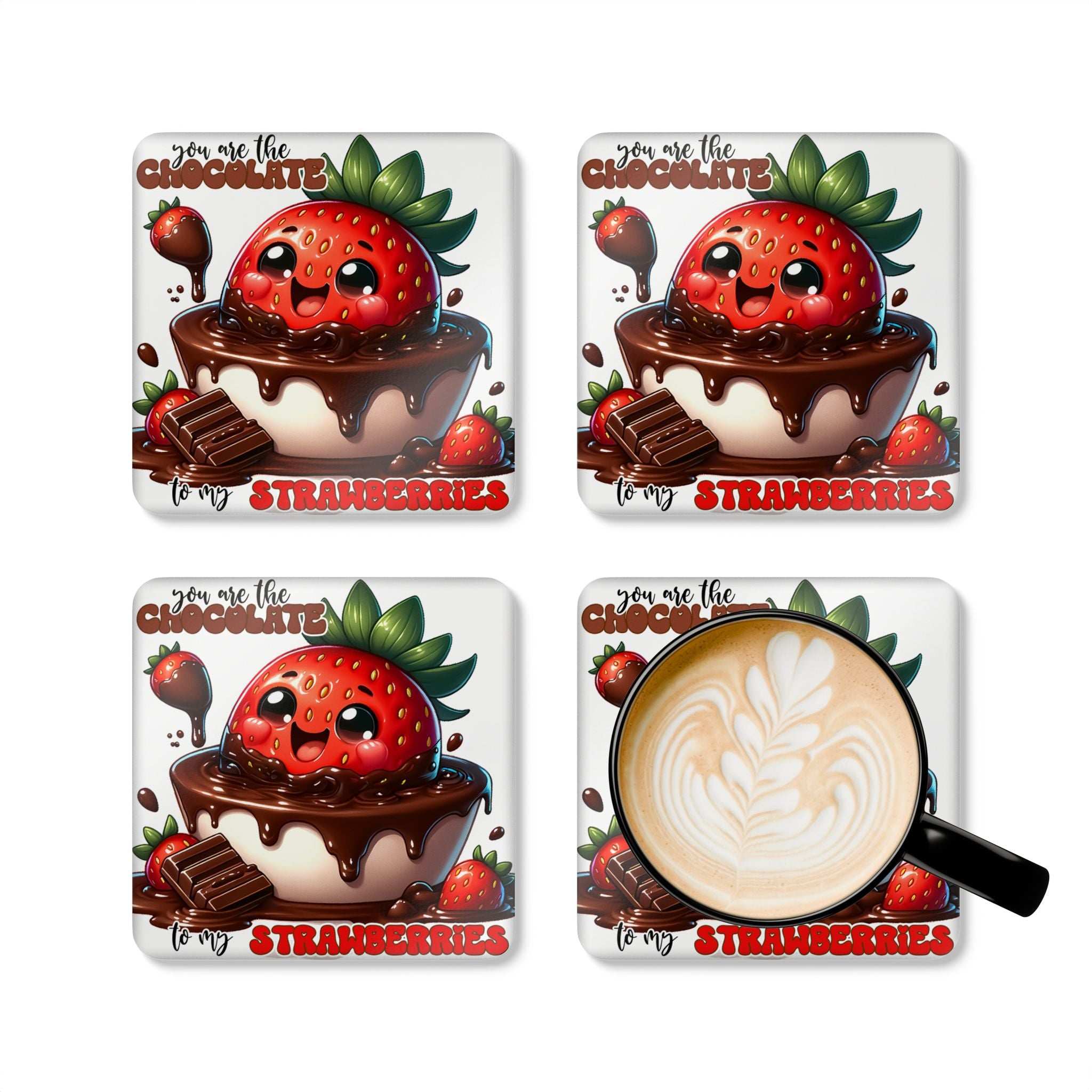 Chocolate & Strawberries Coaster Set featuring playful designs, high-gloss MDF, cork backing, non-slip, heat-resistant.