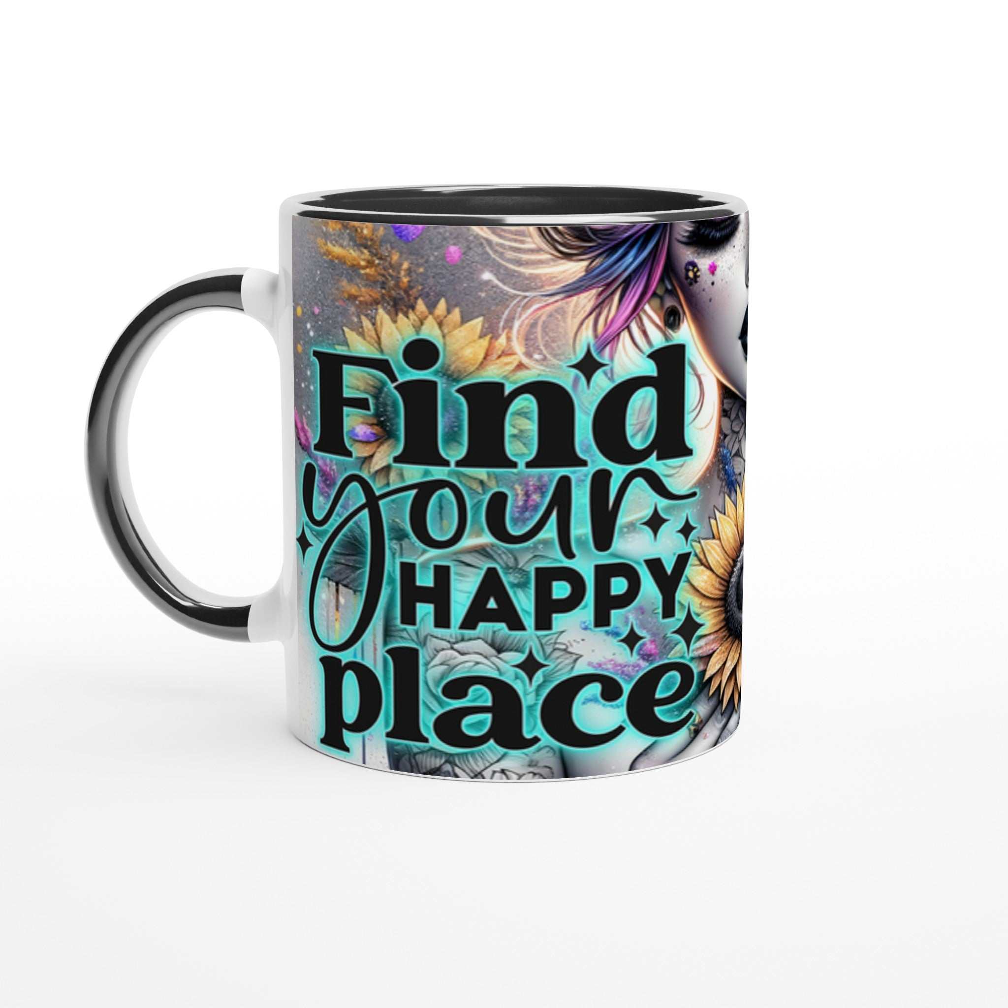 Find Your Happy Place motivational coffee mug with vibrant design and inspirational quote.