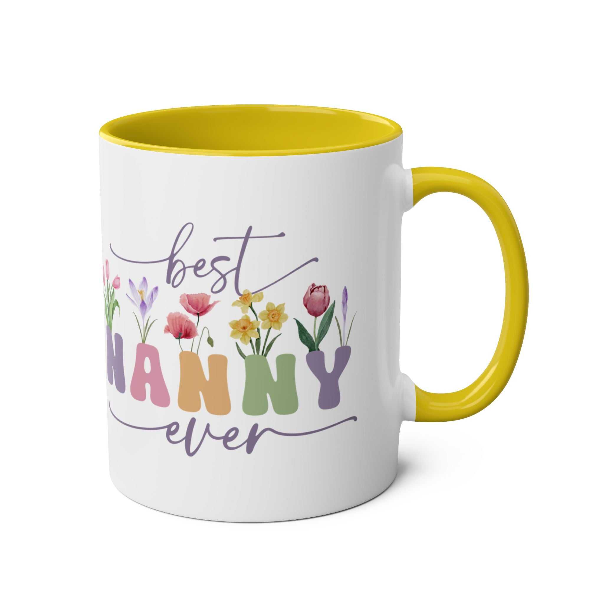 Best Nanny Ever Mother's Day mug with floral design, yellow interior and handle.