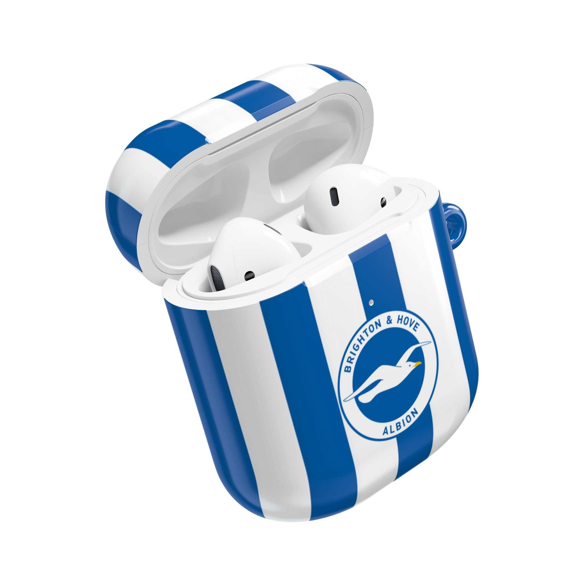 Brighton FC AirPods protective case with blue and white stripes and club crest, shock-resistant and wireless charging compatible
