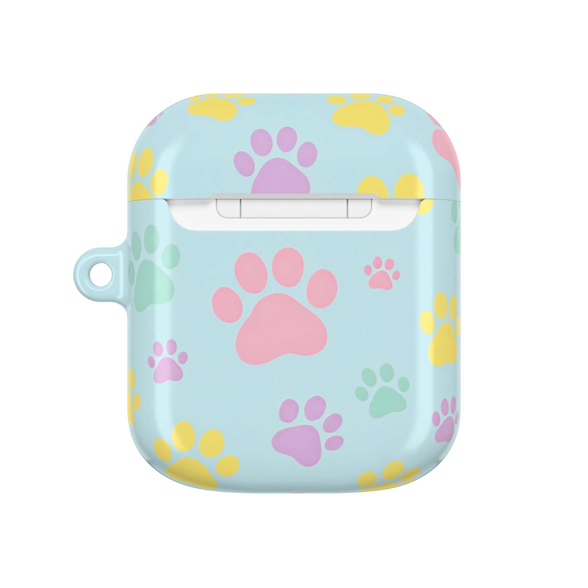 Pastel doggy paw print protective AirPods case with colorful pastel paw designs on light blue background