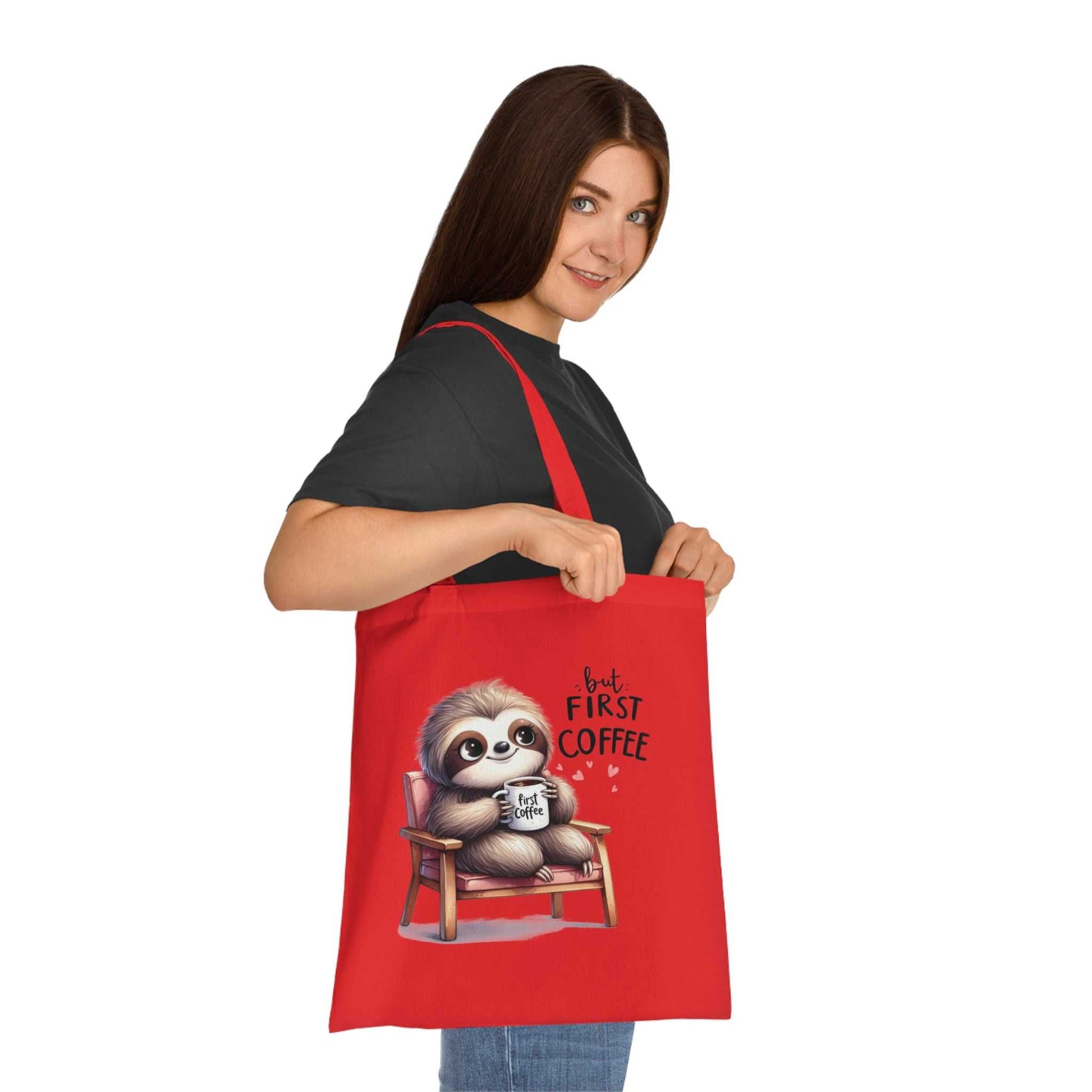 Cotton tote bag with cute sloth design and vibrant colors.