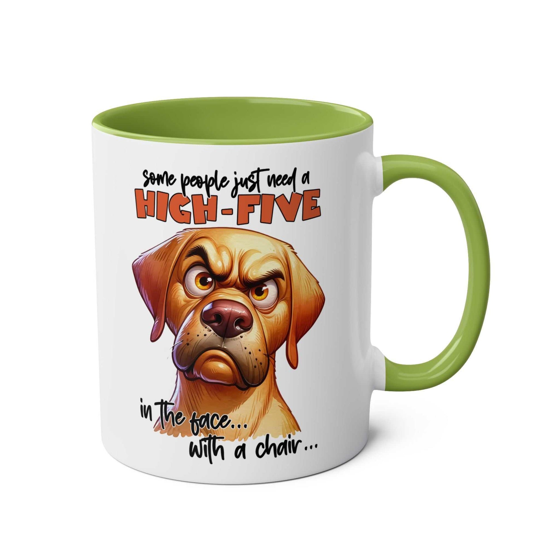 High Five Coffee Mug with sarcastic dog graphic and text, green interior, 11oz ceramic, dishwasher safe.