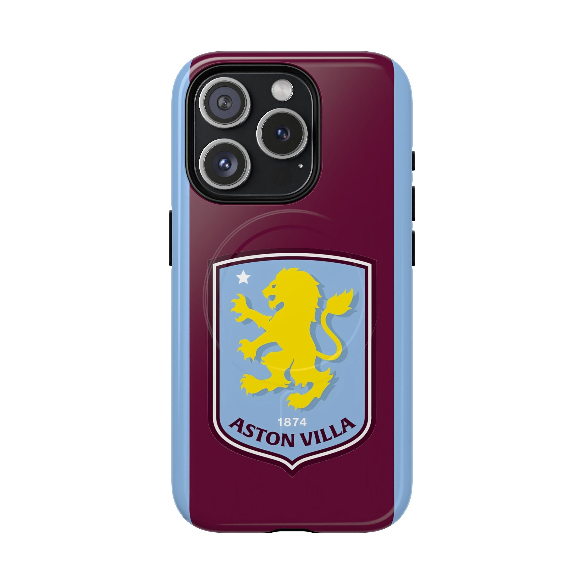 Aston Villa MagSafe iPhone case with claret and blue colors and club crest, durable dual-layer protection